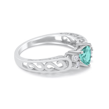 Filigree Heart Promise Wedding Ring Simulated Paraiba Tourmaline CZ 925 Sterling Silver